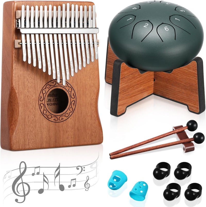 Resholder Rain Drum for Outside Garden Thumb Piano Kalimba Musical Instruments Set 8 Notes 6 Inches Steel Tongue Drum 17 Keys Finger Piano for Adult Beginners Gift for Christmas(Mineral Green) - Image 1